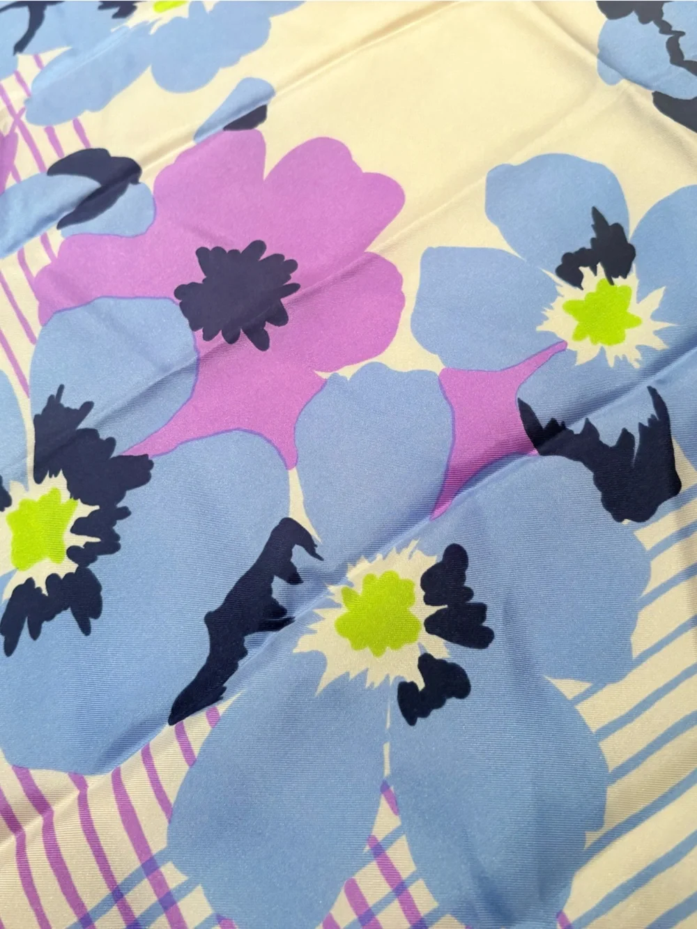 RARE VINTAGE CHRISTIAN DIOR SILK SCARF BLUE PURPLE GREEN BLACK POPPIES PLAID 30”